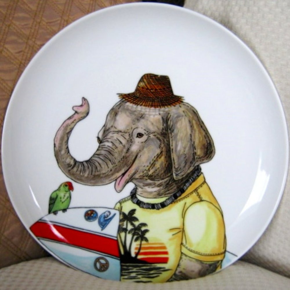 West Elm Elephant Surf Parrot Dapper Animal Salad Plate 8.5" by Rachel Kozlowski